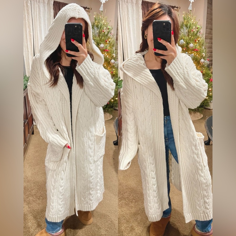 Zara | NWT! Chunky Long Hooded Chunku Open Cable Knit Cream Wool Cardigan Medium
